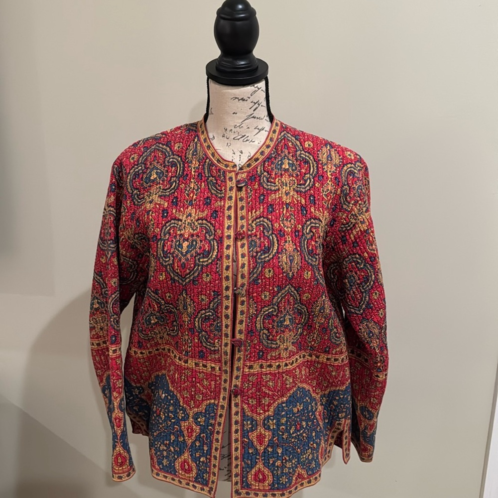 Orvis Womens S Quilted Jacket Red Blue Paisley Buttons Boho Lightweight Cotton